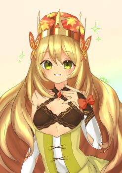 Rule 34 | 1girl, bare shoulders, blonde hair, blush, bow, breasts, butterfly hair ornament, celine (fire emblem), cross-laced clothes, cross-laced dress, crown, dress, fire emblem, fire emblem engage, flower, green eyes, grin, hair ornament, highres, long hair, looking at viewer, nintendo, open mouth, orange bow, simple background, small breasts, smile, solo, star (symbol), studio sugimoto, upper body, very long hair, wrist bow, yellow dress
