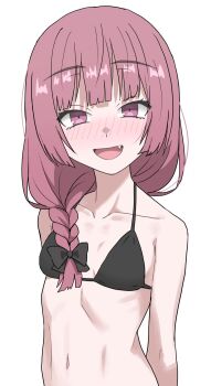 1girl alternate_costume bare_shoulders bikini black_bikini black_bow blunt_bangs blush bocchi_the_rock! bow braid braided_ponytail breasts commentary fang hair_bow hair_over_shoulder halulu highres hiroi_kikuri long_hair looking_at_viewer navel open_mouth pink_eyes pink_hair simple_background single_braid small_breasts smile solo swimsuit upper_body white_background