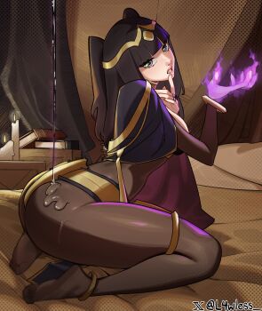 1girl absurdres anklet artist_name ass bed_sheet black_cape black_hair blunt_bangs bodystocking bracelet breasts bridal_gauntlets brown_pantyhose candle cape censored censored_feet circlet commentary dripping english_commentary feet finger_to_mouth fire fire_emblem fire_emblem_awakening full_body glowing gold_trim grey_eyes hands_up highres indoors jewelry l4wless legs long_hair looking_at_viewer medium_breasts nintendo no_shoes on_bed pantyhose pyrokinesis shadow soles solo teeth textless_version tharja_(fire_emblem) thighlet thighs tiara toes twitter_username two-tone_cape two_side_up