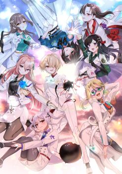 Rule 34 | 6+girls, absurdres, aoi erika, black hair, blonde hair, blue eyes, brown hair, carole reaper, formal clothes, gloves, grey hair, hair ornament, hairpin, hashtag-only commentary, heaven burns red, highres, kayamori ruka, long hair, multiple girls, narby (heaven burns red), nikaidou misato, ooshima ichiko, partially fingerless gloves, purple eyes, reaching, reaching towards viewer, red eyes, shirakawa yuina, short hair, suit, wei yong, yamawaki bon ivar, yanagi mion, yellow eyes