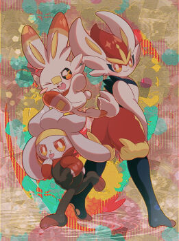 1girl 2others animal_feet animal_hands animal_nose ass bandaid bandaid_on_face bandaid_on_nose black_fur blue_fur blush blush_stickers body_fur bright_pupils buck_teeth cinderace closed_mouth evolutionary_line flat_chest from_behind full_body furry furry_female gen_8_pokemon hand_in_pocket hand_to_own_mouth hand_up happy heart heel_up highres kagetsu_(pixiv_59460925) leg_up legs legs_apart looking_at_viewer looking_back multicolored_background multicolored_fur multiple_others nintendo one_eye_closed open_mouth orange_eyes outline pawpads pokemon pokemon_(creature) rabbit_ears rabbit_girl rabbit_tail raboot red_fur red_hair running scorbunny short_hair smile standing standing_on_one_leg teeth tongue tongue_out white_fur white_pupils wink yellow_fur