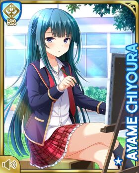 1girl :o aqua_hair card_(medium) chair character_name chiyoura_ayame day drawing girlfriend_(kari) hair_ornament long_hair necktie official_art open_mouth outdoors pencil plaid_clothes plaid_skirt purple_eyes qp:flapper red_neckwear red_skirt school_uniform shirt sitting skirt tagme white_shirt x_hair_ornament