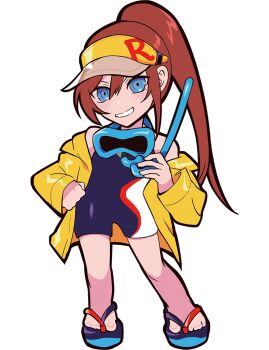 anime_coloring aqua-framed_eyewear aqua_eyes aqua_sandals bare_shoulders blue_one-piece_swimsuit blue_sandals brown_hair clothes_down contrapposto crazy_raccoon facing_viewer flip-flops full_body half_updo hand_on_own_hip high_ponytail hood hood_down hooded_jacket jacket legs_apart long_hair looking_at_viewer no_nose official_art one-piece_swimsuit open_clothes open_jacket platform_sandals ponytail puppeteer7777 relyh sandals second-party_source snorkel snorkel_mask solo standing straight_hair swimsuit tachi-e teeth thick_lineart toes transparent_background two-tone_sandals unworn_eyewear visor_cap yellow_hood yellow_jacket yellow_sleeves