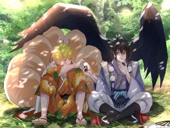 2boys arm_up bilingual_commentary black_hair black_wings blonde_hair blue_eyes blush clothing_request commentary commentary_request eating english_commentary facial_mark floral_print folding_fan food fox_mask fox_tail geta grass hand_fan highres holding holding_food japanese_clothes kimono kitsune light_particles long_sleeves looking_to_the_side male_focus mask mi73suki mixed-language_commentary multiple_boys naruto_(series) naruto_shippuuden obi onigiri outdoors print_kimono sash sideways_glance sitting spiked_hair tail tree uchiha_sasuke uzumaki_naruto whisker_markings wide_sleeves wings