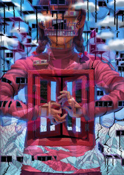 1girl bad_id bad_pixiv_id braid dripping faceless female_focus glitch hair_ornament hands_on_own_chest long_sleeves madotsuki name_connection object_namesake pink_shirt shigeyama_mohachi shirt solo static surreal twin_braids upper_body window yume_nikki