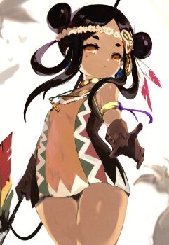 1girl beast_king_(sekaiju) beast_king_5_(sekaiju) black_hair dark-skinned_female dark_skin dress etrian_odyssey gloves hair_rings highres long_hair orange_eyes polearm sekaiju_no_meikyuu sekaiju_no_meikyuu_3 sekaiju_no_meikyuu_hd short_dress solo thick_eyebrows tribal tsutsugano weapon