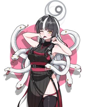 1girl absurdres azami_(blue_archive) black_hair black_kimono black_nails black_thighhighs blue_archive breasts days_(user_zehd4554) forked_tongue grey_halo halo highres japanese_clothes kimono large_breasts looking_at_viewer multicolored_hair one_eye_closed sleeveless sleeveless_kimono slit_pupils snake snake_hair solo thighhighs tongue two-tone_hair white_hair white_snake yellow_eyes