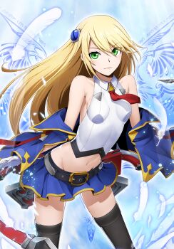 Rule 34 | 1girl, backless outfit, bare shoulders, belt, black thighhighs, blazblue, blazblue: calamity trigger, blazblue: chronophantasma, blazblue alternative: dark war, blonde hair, bolverk, breasts, capelet, collared shirt, detached sleeves, feathers, gloves, green eyes, groin, gun, hair between eyes, hair ornament, hairpin, handgun, happy, highres, hip bones, hip focus, long hair, looking at viewer, lowleg, lowleg skirt, microskirt, midriff, miniskirt, mori toshimichi, navel, necktie, noel vermillion, official art, pleated skirt, red necktie, shirt, simple background, skirt, small breasts, smile, solo, symbol, thighhighs, weapon, white feathers