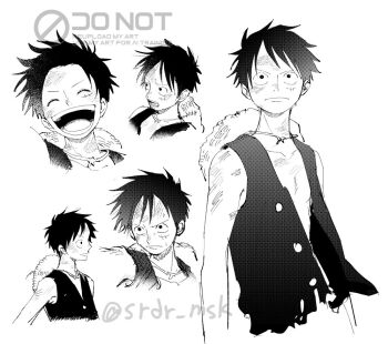 Rule 34 | 1boy, bare shoulders, battle damage, black hair, bruise, bruise on arm, bruise on face, closed eyes, closed mouth, collarbone, commentary request, facial scar, greyscale, hat, injury, male focus, monkey d. luffy, monochrome, multiple boys, one piece, open clothes, open mouth, open vest, scar, scar on cheek, scar on face, short hair, silver mssk, simple background, straw hat, sweatdrop, twitter username, unworn hat, unworn headwear, upper body, vest, white background