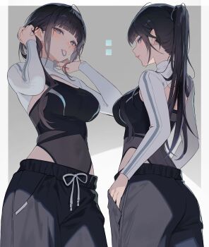 1girl absurdres adjusting_hair black_hair blush commentary cowboy_shot drawstring grey_eyes grey_shrug hair_tie_in_mouth hands_in_pockets highres mole mole_under_eye mole_under_mouth mouth_hold multiple_views myabit original pants ponytail shrug_(clothing) sweatpants tied_drawstring