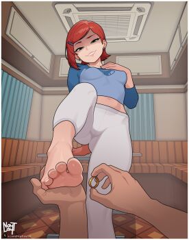 1boy 1girl artist_logo barefoot ben_10 blue_shirt breasts commentary earrings english_commentary evil_grin evil_smile feet foot_focus foreshortening green_eyes grin gwen_tennyson hair_ornament hairclip hand_on_own_chest hetero highres holding holding_jewelry holding_ring indoors jewelry logo long_sleeves looking_at_viewer marriage_proposal midriff navel nayt_layt orange_hair pants parted_lips partially_shaded_face pov presenting_foot ring shirt short_hair small_breasts smile solo_focus stud_earrings toe_ring toenails toes variant_set white_pants