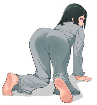1girl absurdres all_fours ass ass_focus barefoot commentary_request dark_green_hair fang feet frilled_pajamas frills from_behind grey_pajamas highres light_blush looking_at_viewer looking_back love_live! love_live!_nijigasaki_high_school_idol_club medium_hair mifune_shioriko moshi_(0364p) pajamas parted_lips red_eyes soles toes white_background