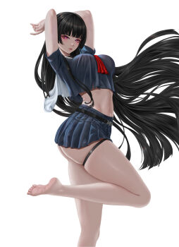 1girl absurdres arms_up barefoot black_hair black_serafuku black_shirt black_skirt breasts chisa_(wuthering_waves) closed_mouth commentary feet fingernails from_side highres large_breasts long_hair looking_at_viewer looking_to_the_side miniskirt mole mole_under_eye nail_polish navel neckerchief pink_eyes pink_nails red_neckerchief sailor_collar school_uniform serafuku shirt skindentation skirt soles solo stomach thigh_strap thighs toes variant_set very_long_hair white_sailor_collar wuthering_waves yuzuriha_(pixiv_14248010)