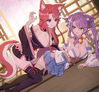 2girls absurdres animal_ears blue_eyes boots commission commissioner_upload fox_ears fox_girl fox_miko_(sakura_dungeon) fox_tail green_eyes highres hoshinoshiho indoors japanese_clothes kimono lying multiple_girls non-web_source off_shoulder pink_hair purple_hair sakura_dungeon tail thigh_boots twintails yomi_(sakura_dungeon) you_gonna_get_raped yuri