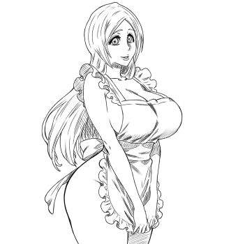 1girl apron art_errrday bare_shoulders bleach bleach:_sennen_kessen-hen breasts collarbone female_focus hashtag-only_commentary inoue_orihime large_breasts long_hair naked_apron parted_lips sideboob simple_background solo solo_focus standing thighs white_background