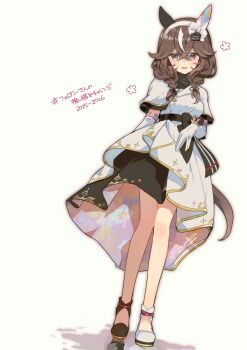 1girl animal_ears asymmetrical_footwear black_sweater blush braid braided_sidelocks breasts brown_hair commentary_request curren_bouquetd'or_(umamusume) dress ear_covers full_body gloves grey_eyes hair_between_eyes hair_ornament hairband highres horse_ears horse_girl horse_tail long_braid long_hair looking_at_viewer low_twin_braids madori_(sayuri5) mismatched_ear_covers mismatched_footwear open_mouth smile solo sweater tail twin_braids umamusume white_dress white_gloves white_streaks