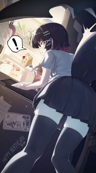 ! 1girl absurdres alexandrina_sebastiane black_hair black_thighhighs blue_skirt blush cake cake_slice caught closed_mouth colored_inner_hair commentary corin_wickes dated ellen_joe feet_out_of_frame fins fish_tail food fork from_behind guli_(guli0572) happy_birthday highres holding holding_fork holding_plate indoors leaning_forward looking_at_viewer looking_back mole mole_under_eye multicolored_hair note photo_(object) plate razor_blade_hair_ornament red_eyes red_nails refrigerator scar scar_on_tail shark_girl shark_tail shirt short_hair skirt solo spoken_exclamation_mark sweat tail thighhighs white_shirt zenless_zone_zero