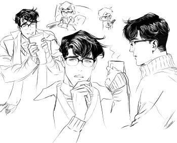 1boy ^_^ black_hair chibi clark_kent closed_eyes coat cup dc_comics glasses highres illuzyne male_focus monochrome mug my_adventures_with_superman open_mouth paper profile scarf sketch smile superman_(series) sweater turtleneck turtleneck_sweater upper_body writing