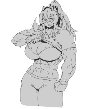 1girl abs barghest_(fate) biceps bra breasts clothes_lift commentary english_commentary fate/grand_order fate_(series) fingerless_gloves gloves greyscale high_ponytail horns large_breasts long_hair looking_at_viewer minew monochrome muscular muscular_female navel open_mouth pants ponytail shirt short_sleeves solo sweat thick_thighs thighs underwear