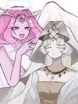 Rule 34 | 2girls, angel wings, breasts, bright pupils, circlet, colored eyelashes, commentary, cookie run, cookie run: kingdom, dress, eternal sugar cookie, halo, hashtag-only commentary, highres, long hair, multiple girls, mystic flour cookie, parted lips, pink eyes, pink hair, r 07ih, sleeveless, sleeveless dress, smile, veil, white dress, white hair, white pupils, white veil, white wings, wings