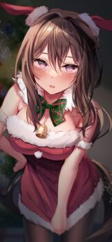 1girl admire_vega_(umamusume) animal_ears az_nyam bell blush bow breasts brown_hair commentary_request dress ear_covers green_bow hair_between_eyes hat highres horse_ears horse_girl horse_tail indoors long_hair looking_at_viewer open_mouth purple_eyes red_hat santa_costume santa_dress santa_hat solo tail umamusume