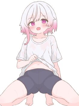 ass bike_shorts blush clothes_lift fang feet gluteal_fold gradient_hair highres legs lifting_own_clothes loli looking_at_viewer mahou_shoujo_no_majo_saiban medium_hair multicolored_hair navel open_mouth pale_skin pink_eyes pink_hair sakuraba_ema shirt shirt_lift simple_background skin_fang spread_legs squatting stomach sweat t-shirt tabedesuyo thighs toes two-tone_hair wet wet_clothes white_background white_hair white_shirt