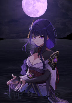 1girl absurdres armor blunt_bangs braid breasts bridal_gauntlets cleavage closed_mouth clothing_cutout cloud cloudy_sky commentary_request electro_symbol_(genshin_impact) expressionless genshin_impact glint gradient_hair hair_ornament highres in_water japanese_clothes large_breasts long_braid looking_at_viewer mitsudomoe_(shape) mole mole_under_eye moon multicolored_hair neck_ribbon night off_shoulder purple_eyes purple_hair raiden_shogun red_ribbon ribbon shade shoulder_armor shoulder_cutout single_braid sky solo star_(sky) starry_sky streaked_hair tomoe_(symbol) upper_body water yonezaki_yuu