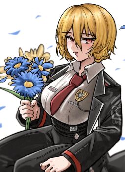 Rule 34 | 1girl, badge, black jacket, black pants, blonde hair, blue flower, blue petals, blush, bouquet, breasts, collared shirt, commentary, don quixote (project moon), falling petals, flower, hair between eyes, high-waist pants, highres, holding, holding bouquet, jacket, large breasts, limbus company, looking at viewer, mitama nyan, necktie, open clothes, open jacket, open mouth, pants, petals, project moon, red eyes, red necktie, shirt, short hair, sitting, smile, solo, symbol-only commentary, white background, white shirt
