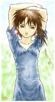 1girl arms_up blue_dress brown_eyes brown_hair dress earrings iwakura_lain jewelry kobaneko serial_experiments_lain solo