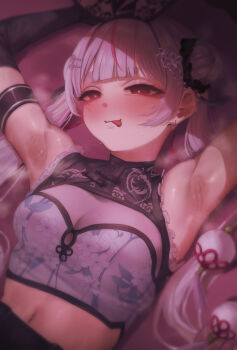 1girl :p absurdres armpit_focus armpits arms_up blush breasts chinese_clothes cleavage commentary_request contemporary_traditional_clothes detached_sleeves earrings grey_hair hair_bun hair_ornament hairpin heart heart-shaped_pupils highres jewelry long_hair looking_at_viewer medium_breasts midriff multicolored_hair navel pink_streaks presenting_own_armpit rito_(ritoxiaying) short_eyebrows single_hair_streak steaming_body streaked_hair sweat sweatdrop symbol-shaped_pupils tassel tassel_earrings tassel_hair_ornament thick_eyebrows tongue tongue_out tosaki_mimi tosaki_mimi_(6th_costume) virtual_youtuber vspo!