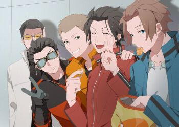 5boys arashiyama_jun arashiyama_squad's_uniform eating food ikoma_squad's_uniform ikoma_tatsuhito jin_yuuichi kakizaki_kuniharu kakizaki_squad's_uniform laughing looking_to_the_side multiple_boys senbei smile unworn_eyewear v world_trigger yawai_tofu yuba_squad's_uniform yuba_takuma