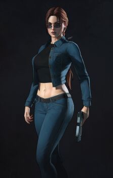 1girl absurdres alternate_costume black_shirt blue_jacket blue_pants breasts brown_eyes brown_hair clip_studio_paint_(medium) collared_jacket crop_top dalejomej denim denim_jacket gun handgun highres holding holding_gun holding_weapon jacket jeans lara_croft large_breasts long_hair looking_at_viewer looking_over_eyewear midriff navel open_clothes open_jacket pants ponytail shirt signature solo sunglasses tinted_eyewear tomb_raider weapon weapon_request