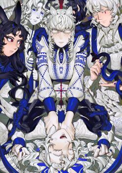 3boys 4girls absurdres animal_ears black_hair blue_eyes breasts crrn dr_asclepius_(crrn) dress faust_(crrn) highres koune'li_(crrn) large_breasts long_hair looking_at_another multiple_boys multiple_girls nurse_(crrn) original prosthesis prosthetic_leg rabbit_ears red_eyes rei_(crrn) smile snake strangling white_dress white_hair