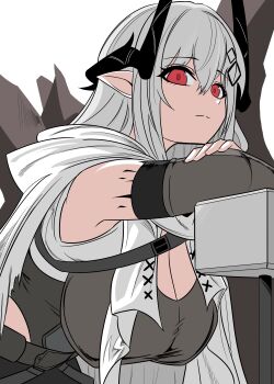 1girl absurdres arknights bare_shoulders black_gloves black_horns black_leotard breasts choebal1356201 cleavage coat demon_horns elbow_gloves fingerless_gloves gloves grey_hair hammer hashtag-only_commentary highres hood hood_down horns large_breasts leotard long_hair looking_at_viewer material_growth mudrock_(arknights) mudrock_(rubble)_(arknights) official_alternate_costume open_clothes open_coat oripathy_lesion_(arknights) pointy_ears red_eyes sledgehammer solo torn_clothes torn_coat upper_body very_long_hair white_coat