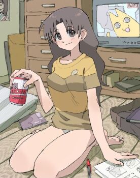 Rule 34 | 1girl, 9/11, alcohol, andres manuel lopez obrador, andres manuel lopez obrador (cosplay), azumanga daiou, barefoot, beer, beer can, can, cosplay, crt, drink can, feet, female focus, full body, kasuga ayumu, legs, long hair, messy room, mihama chiyo's father, no pants, panties, pantsu-ripper, shirt, sitting, smile, soles, t-shirt, tanizaki yukari, tecate, television, toes, underwear, wariza, wooden floor, world trade center
