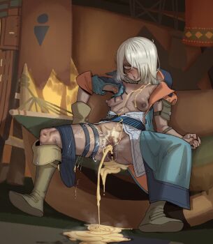 1boy 1girl absurdres after_anal after_vaginal aftersex anal_hair armpits blurry blurry_foreground blush boots bowlegged_pose breasts coat commentary cum cum_in_ass cum_in_pussy cum_on_body cum_on_breasts cum_on_upper_body cum_pool cumdrip cumdump dark-skinned_female dark_skin ebonyxh english_commentary eyes_visible_through_hair female_ejaculation female_pubic_hair freckles hair_over_one_eye hetero highres human_toilet medium_hair monster_hunter_(series) monster_hunter_wilds nipples open_mouth original peeing pointy_breasts pubic_hair public_use pussy pussy_juice ringed_eyes rolling_eyes scar scar_on_neck short_hair sitting small_breasts eylin_eyla_(ebonyxh) solo spread_legs steaming_body sweat restroom_symbol uncensored very_sweaty white_hair white_pubic_hair yellow_eyes