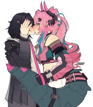 Rule 34 | 2girls, absurdres, alt text, arknights, arknights: endfield, artist name, black gloves, black hair, black jacket, blush, breasts, commentary, dragon girl, dragon horns, endministrator (arknights), english commentary, female endministrator (arknights), gloves, highres, holding, holding leash, horns, jacket, kiss, leash, long hair, multicolored hair, multiple girls, pink hair, pink nails, shirt, short hair, subspaceskater, tail, white background, white shirt, yuri, yvonne (arknights)