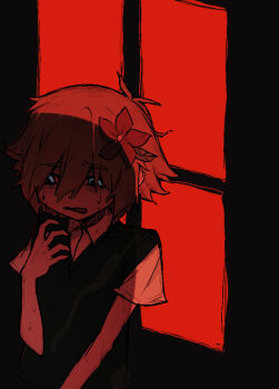 1boy antenna_hair basil_(faraway)_(omori) basil_(omori) blonde_hair blue_eyes collared_shirt flower green_sweater_vest hair_flower hair_ornament male_focus nervous_sweating omori open_mouth red_theme shirt short_hair short_sleeves solo sweat sweater_vest white_shirt window yama_(toaru_puyopuyo)