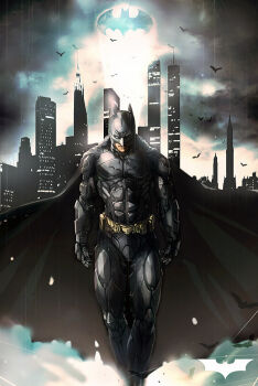 1boy armor bat_(animal) bat_(symbol) bat_signal bat_symbol batman batman_(series) belt bruce_wayne building cape city dc_comics epic male_focus mask night realistic solo utility_belt