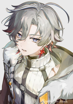 Rule 34 | 1boy, ahoge, blue eyes, coat, commentary request, earrings, fur-trimmed coat, fur trim, genshin impact, gradient hair, grey background, grey hair, hair between eyes, highres, illuga (genshin impact), jewelry, looking at viewer, male focus, mole, mole under eye, multicolored hair, open mouth, red hair, red pupils, scar, scar on neck, silver trim, single earring, sleeveless, sleeveless turtleneck, solo, sweater, teeth, turtleneck, turtleneck sweater, two-tone hair, unagi to kame