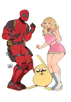adventure_time blonde_hair blue_eyes bodysuit boots crossover dancing deadpool deadpool_(series) dog fortnite highres jake_the_dog kamii_momoru marvel miniskirt pink_shirt pink_skirt red_bodysuit red_mask sabrina_carpenter sabrina_carpenter_(fortnite) shirt skirt superhero_costume white_background white_boots