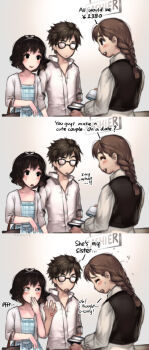 1boy 2girls 3koma anger_vein artist_self-insert bag brother_and_sister brown_hair clerk comic dress english_text glasses handbag highres kawacy long_hair multiple_girls opaque_glasses open_mouth ponytail real_life_insert short_hair siblings smile surprised sweatdrop troll_face