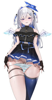 1girl absurdres amane_kanata amane_kanata_(work) angel angel_wings asymmetrical_bangs asymmetrical_legwear bare_shoulders black_dress black_gloves blue_hair blue_panties blue_thighhighs blue_wings blush bow colored_inner_hair commentary_request dress feathered_wings flat_chest frilled_dress frills gloves gradient_wings grey_hair hair_bow hair_ornament hairclip halo high_collar highres hololive jewelry long_hair looking_at_viewer mini_wings mismatched_legwear multicolored_hair multicolored_wings necklace off_shoulder official_alternate_costume official_alternate_hair_length official_alternate_hairstyle panties panty_pull partially_fingerless_gloves pink_hair pleated_dress purple_eyes pussy pussy_peek short_dress shuriken_hair_ornament simple_background single_hair_intake single_thighhigh sleeveless sleeveless_dress smirk solo streaked_hair striped_clothes striped_panties takaranodakara thick_thighs thigh_strap thighhighs thighs two_side_up underwear uneven_legwear virtual_youtuber white_background white_panties white_wings wings