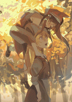 2girls absurdres apron black_shoes black_skirt black_vest blonde_hair blush bow brown_hair closed_eyes commentary_request detached_sleeves frilled_bow frilled_hair_tubes frills hair_bow hair_tubes hakurei_reimu highres kirisame_marisa laughing loafers long_hair long_sleeves multiple_girls open_mouth red_bow red_skirt ribbon-trimmed_sleeves ribbon_trim shi_chimi shoes skirt skirt_set smile socks touhou tree vest waist_apron white_apron white_socks yellow_eyes