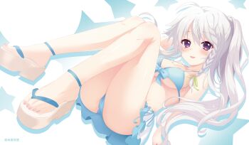 1girl 9-nine- :d absurdres ahoge alternate_costume bikini bikini_skirt blue_bikini blue_bow blush bow bow_bikini braid breasts cameltoe circle_name commentary_request doruzou18 drop_shadow dutch_angle feet floating_hair full_body green_ribbon grey_hair hair_between_eyes hair_ribbon halterneck hand_up highres knees_together_feet_apart knees_up legs long_hair looking_at_viewer medium_breasts niimi_sora open_mouth purple_eyes ribbon sandals second-party_source shiny_skin side-tie_bikini_bottom side_ponytail sidelocks single_braid sitting smile solo star_(symbol) star_symbol_background swimsuit thighs third-party_edit toenails toes underboob very_long_hair white_background