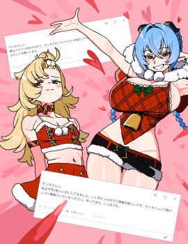 2girls absurdres alternate_costume andii_(anzai_teachco) animal_ears armpits averting_eyes bare_shoulders bell belt black_horns blonde_hair blush braid breasts bursting_breasts choker cleavage closed_mouth collarbone commentary_request crop_top crossed_bangs frilled_shirt frills fur-trimmed_crop_top fur-trimmed_shirt fur-trimmed_shorts fur-trimmed_skirt fur_hood fur_trim goat_ears goat_girl goat_horns green_eyes grin hair_between_eyes hair_intakes half-closed_eyes heart highres horns large_breasts long_hair looking_at_viewer lucia_elowen medium_breasts micro_shorts midriff mole mole_on_arm multiple_girls navel parted_lips pink_background piper_wheel plaid_armband plaid_choker plaid_clothes plaid_shirt pointy_ears red_shorts red_skirt ribbon_choker santa_costume shirt shorts skirt smile twin_braids zenless_zone_zero