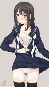 Rule 34 | 1girl, black hair, black thighhighs, blush, bra, breath, brown eyes, clothes lift, female focus, highres, kazushiki midori, looking at viewer, open clothes, open shirt, original, panties, petticoat, school uniform, see-through clothes, serafuku, shirt, skirt, skirt lift, slip showing, solo, thighhighs, underwear