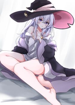 1girl absurdres bare_legs bare_shoulders barefoot black_robe blush chinese_commentary commentary_request elaina_(majo_no_tabitabi) feet grey_hair hair_between_eyes hat highres legs long_hair long_sleeves looking_at_viewer majo_no_tabitabi off_shoulder open_clothes open_robe purple_eyes ribbon robe shirt sitting solo toes white_shirt witch_hat ziguang_shengmo