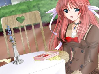 1girl 2000s_(style) bento blue_eyes blush bow brooch chair choker dutch_angle flower food game_asset hair_ribbon heart jewelry long_hair long_sleeves mahou_senshi_(series) mahou_senshi_princess_tear non-web_source official_art open_mouth outdoors red_hair ribbon saitou_natsuki school_uniform self-datamine sitting smile solo table tablecloth tearna_lilian_transylveil variant_set vase visual_novel_cg