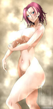 1girl absurdres bath blue_eyes breasts code_geass commentary_request highres kouzuki_kallen large_breasts light_censor navel paid_reward_available purple_hair railtracer8888 short_hair shower_(place) showering solo thighs twitter_username wet